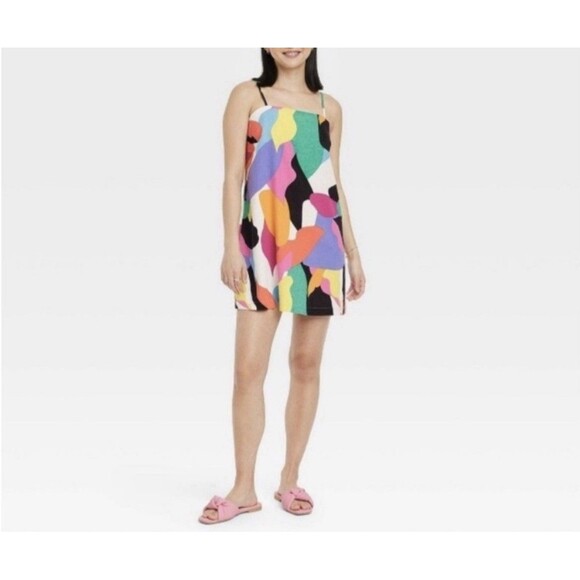 A New Day Women’s Multi Abstract Linen Mini Dress Size XL adjustable straps - Picture 1 of 9